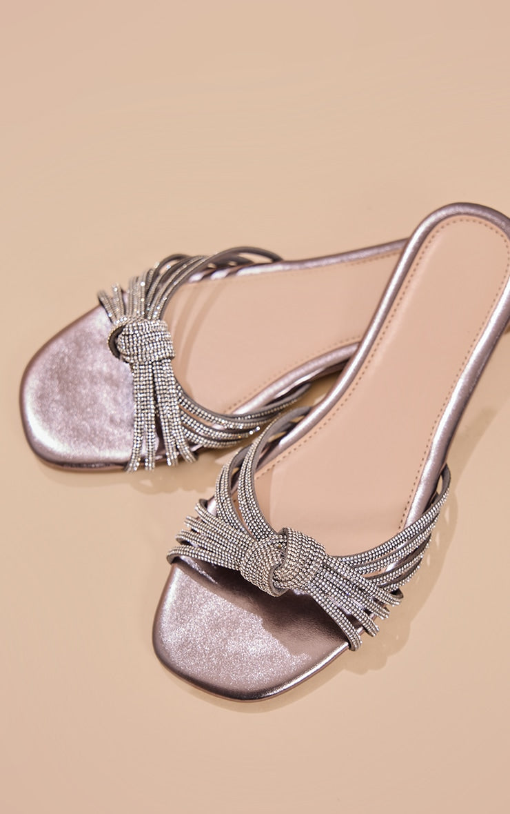 Prettylittlething Silver Pu Round Toe Diamante Knot Strap Flat Sandals