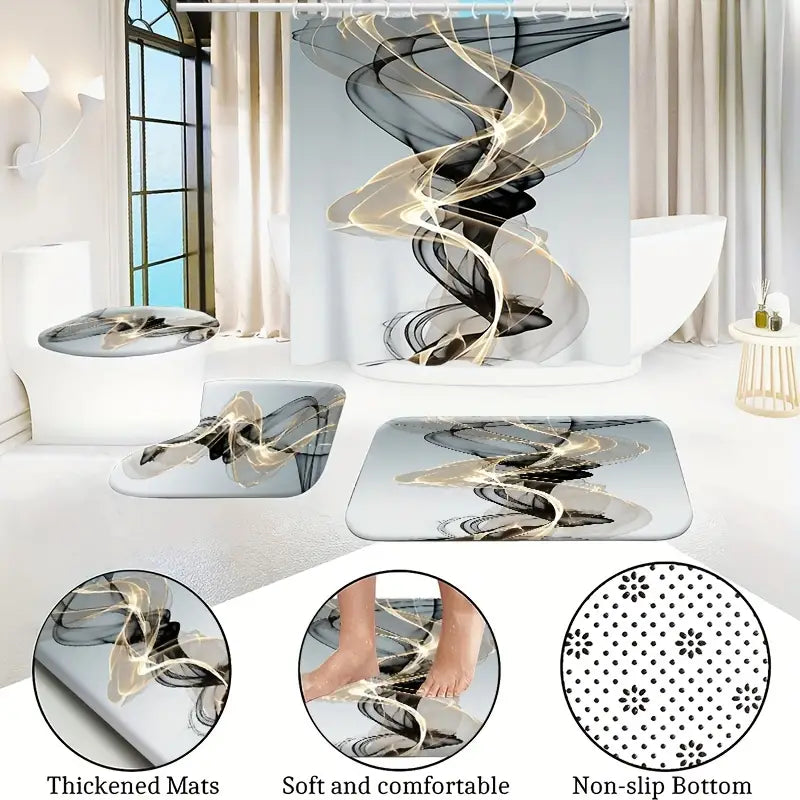 Waterproof Bathroom Shower Curtain Set with 12 Hooks Toilet Seat Bath Mats and Rugs Non-slip Carpet Toilet Covers Polyester Fabric Washable Curtain for Windows