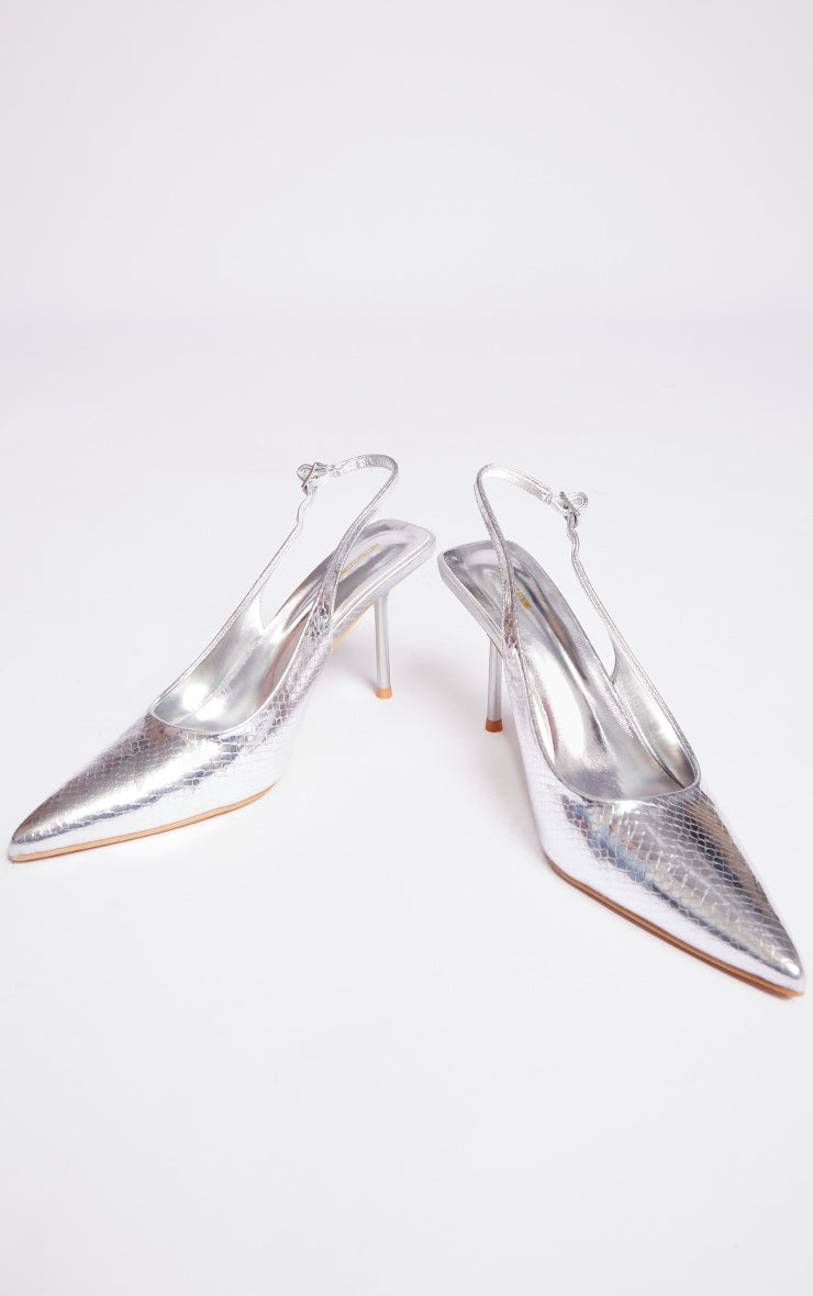 Prettylittlething Silver PU Point Toe Snake Sling Back Mid Heeled