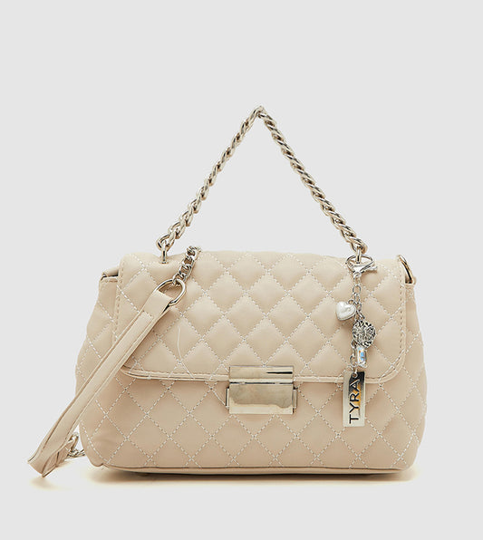 Tyra Quilted Shoulder Bag with Keychain: Beige