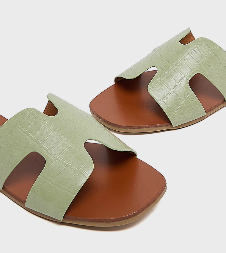 R&B Croc Textured Flat Sandals - Green