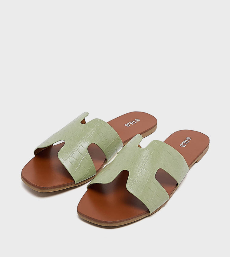 R&B Croc Textured Flat Sandals - Green