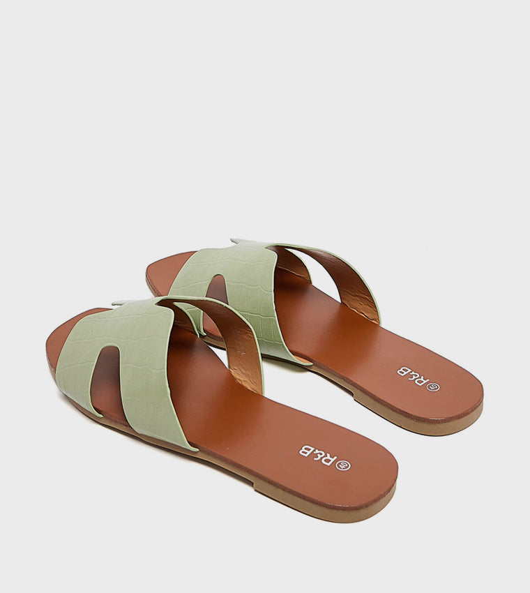 R&B Croc Textured Flat Sandals - Green