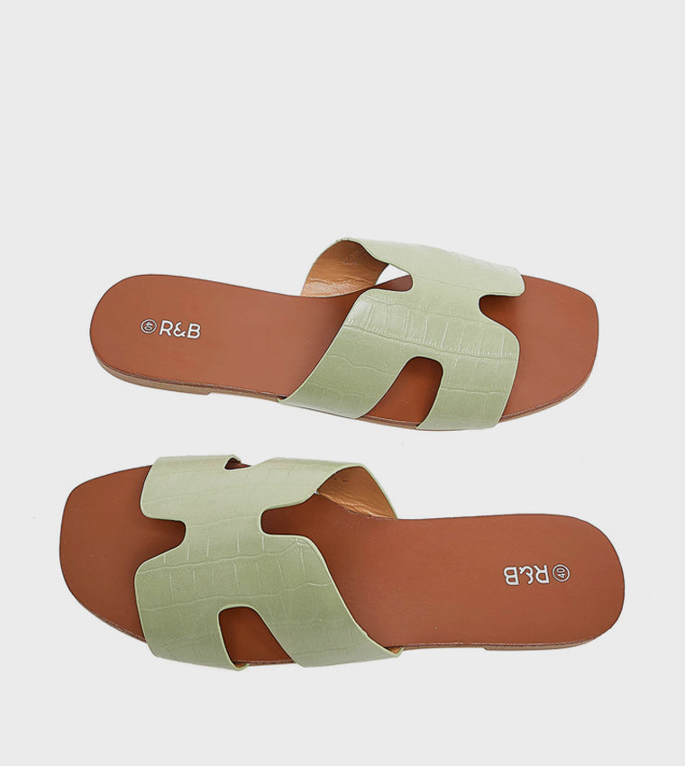 R&B Croc Textured Flat Sandals - Green