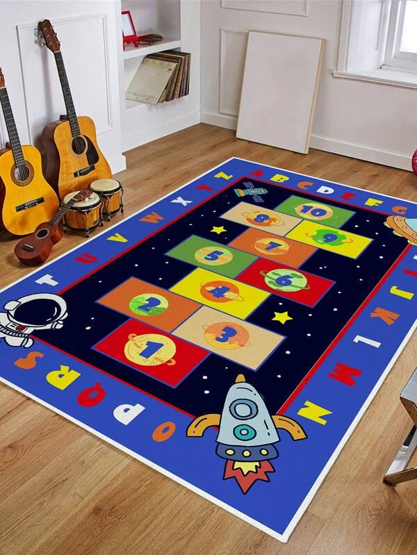 SHEIN 1pc Alphabet Pattern Rug, Modernist Polyester Floor Carpet For Home: BLUE