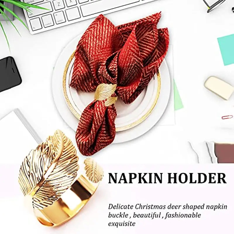 6pcs Golden Leaf Napkin Rings Stainless Steel Napkin Rings For Dining Table Decoration