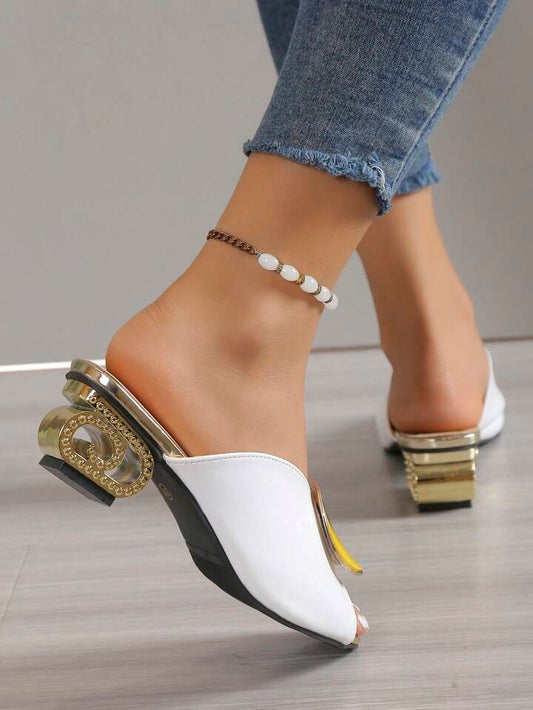 SHEIN Women Metal Decor Mule Sandals, Sculptural Heeled Fashion Sandals
