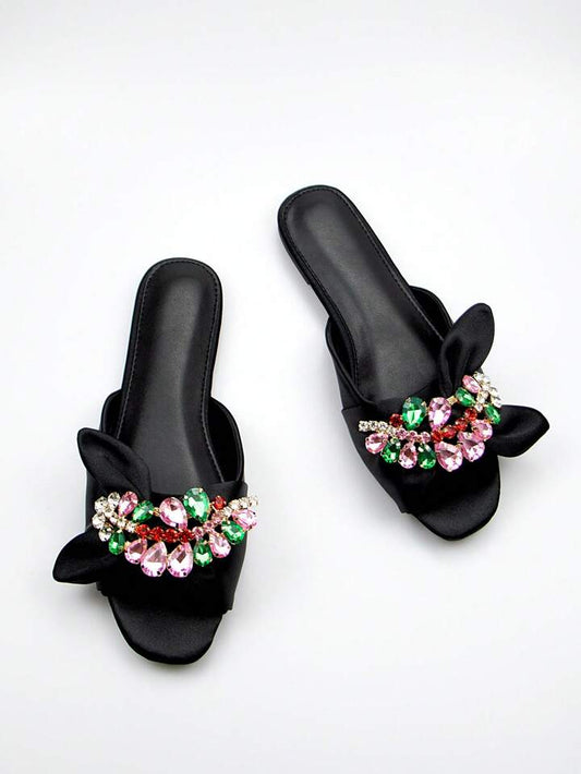 SHEIN Glamorous Slide Sandals For Women, Satin Gemstone Decor Flat Sandals