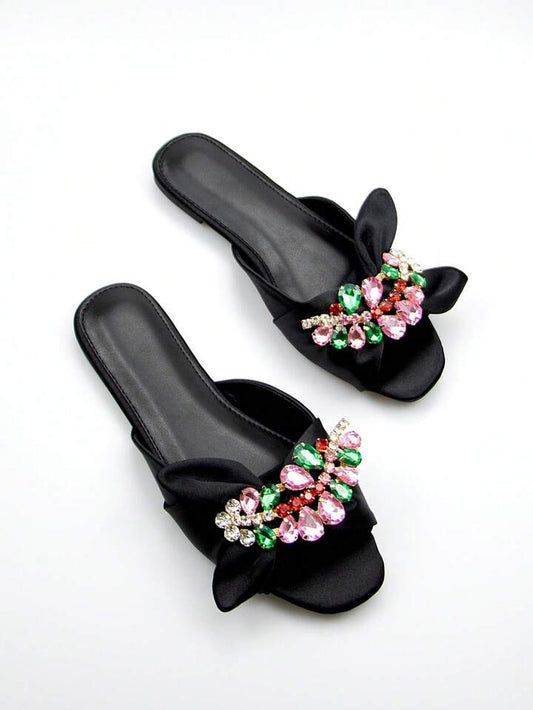 SHEIN Glamorous Slide Sandals For Women, Satin Gemstone Decor Flat Sandals