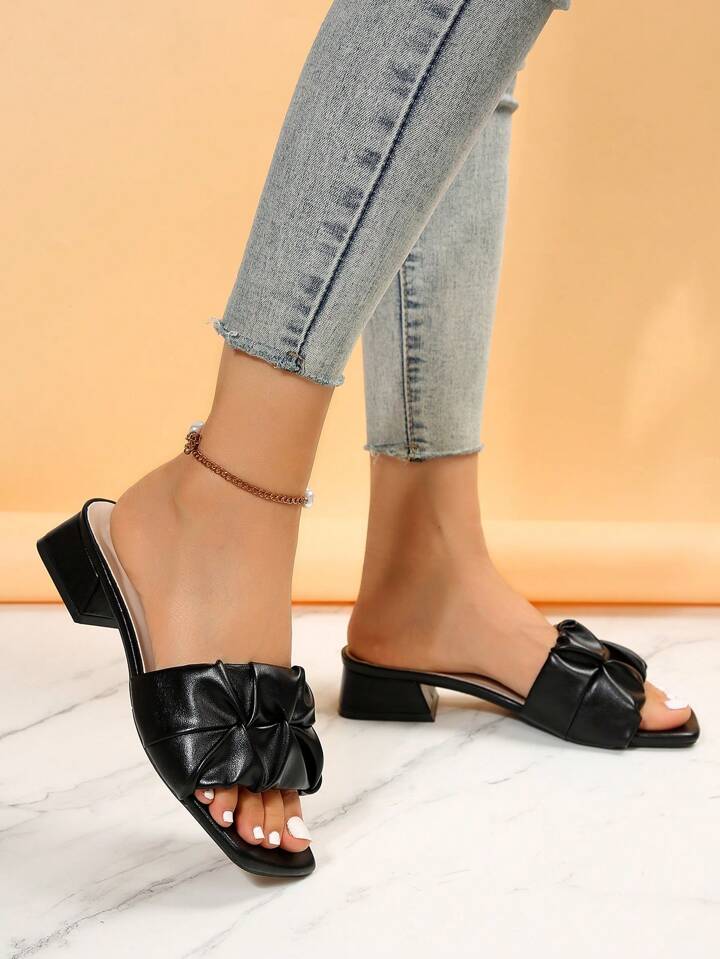 SHEIN Elegant Black Sandals For Women, Minimalist Ruched Detail Chunky Heeled Mule Sandals