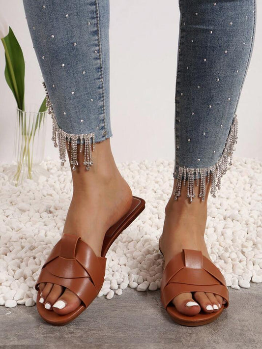 SHEIN Ladies' Simple Line Design Solid Color Flat Sandals, Women's Brown Roman Flat Sandals