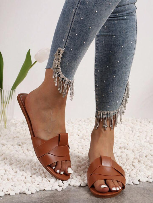SHEIN Ladies' Simple Line Design Solid Color Flat Sandals, Women's Brown Roman Flat Sandals
