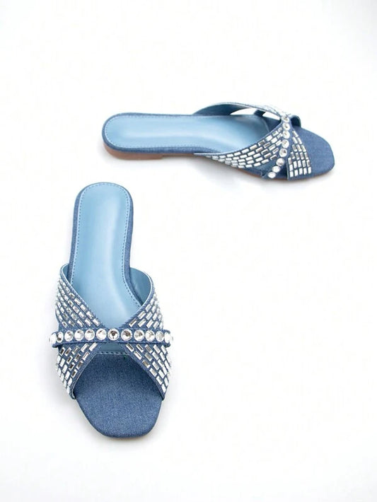 Fashionable Casual Denim Rhinestone Flat Women's Sandals - Light Blue