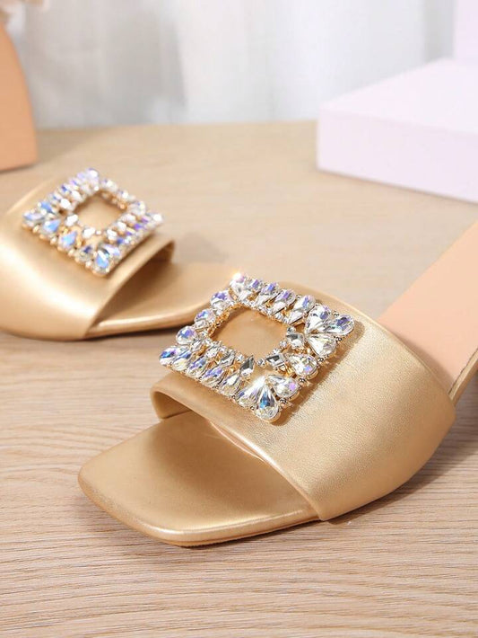 SHEIN New Women's Summer Fashionable Square Rhinestone Slippers With Chunky Heel, Gold Color, Open Toe