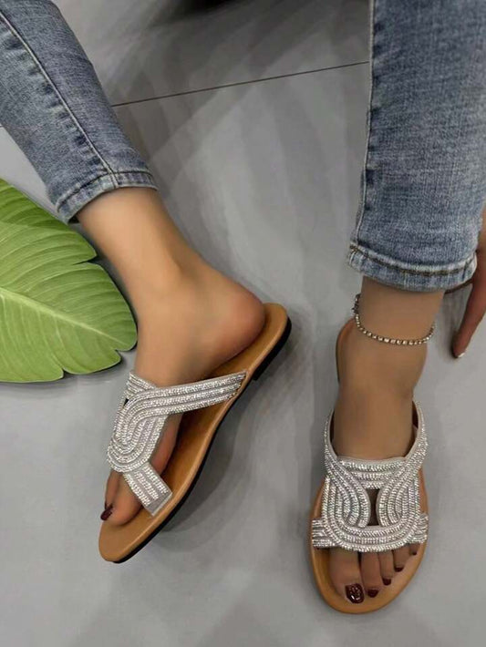 SHEIN Summer New Style Women'S Flat Sandals, High-End Fashion Rhinestone Decor, Open Toe Slides, Plus Size Women'S Fish Mouth Comfortable Flat Shoes