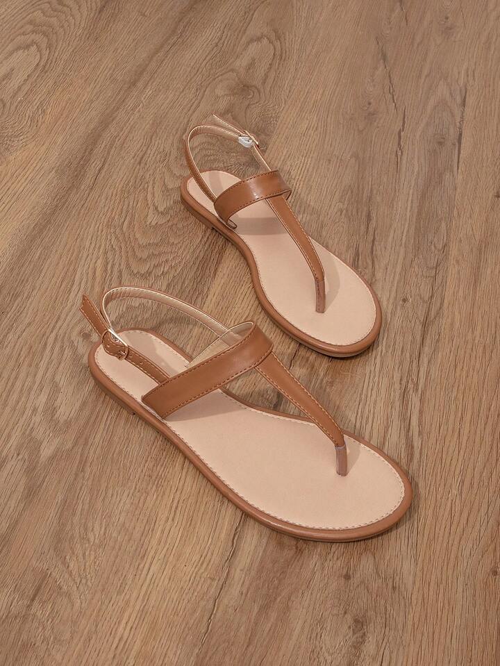 SHEIN Women's T-Strap Clip Toe Sandals, Charmingly Designed With Ankle Straps, Perfect For Vacations, Flat Brown Sandals