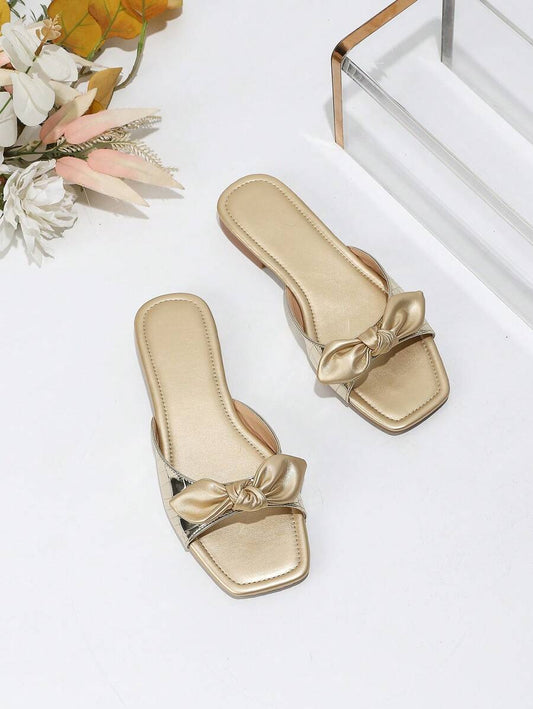 SHEIN Women's Summer Slippers Fashionable Soft Butterfly-Knot Open Toe Flat Sandals For Outdoor And Beach Activities, Students