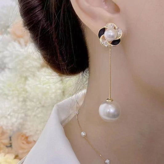 High end long tassel flower drop earrings with touch of black SJP