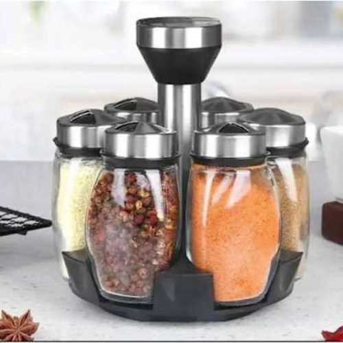 1pc Rotating Spice Jar Set Rack Glass Organizer - 6pcs