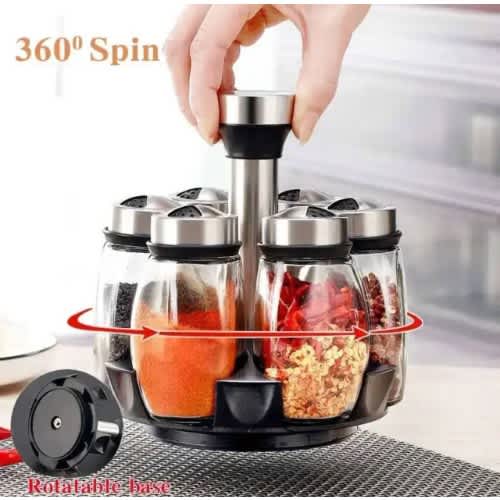 1pc Rotating Spice Jar Set Rack Glass Organizer - 6pcs