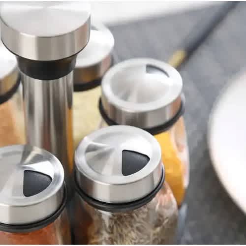 1pc Rotating Spice Jar Set Rack Glass Organizer - 6pcs