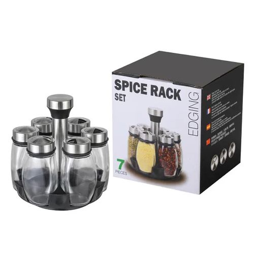 1pc Rotating Spice Jar Set Rack Glass Organizer - 6pcs