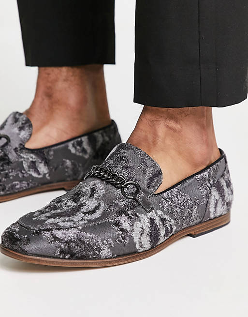 ASOS DESIGN loafers in gray velvet floral design with snaffle