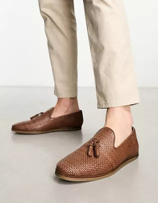 ASOS Walk London arrow penny woven loafers in brown leather