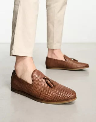 ASOS Walk London arrow penny woven loafers in brown leather