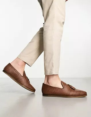 ASOS Walk London arrow penny woven loafers in brown leather