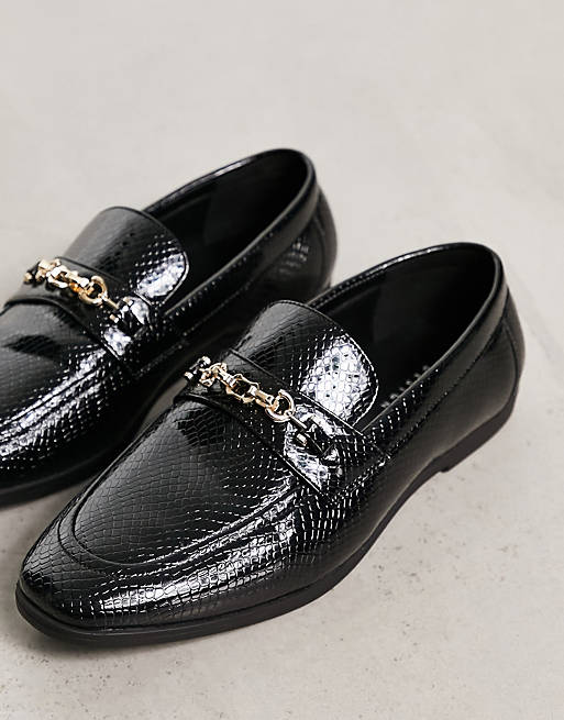 ASOS DESIGN loafers in black faux croc with gold snaffle – Your