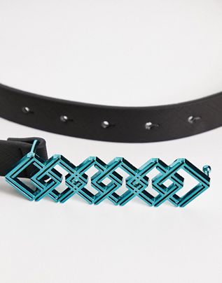 ASOS DESIGN skinny faux leather belt with geometric buckle in black