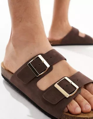 ASOS Truffle Collection double buckle sandals in chocolate brown