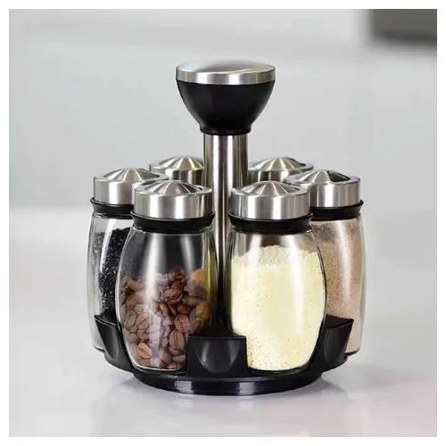 1pc Rotating Spice Jar Set Rack Glass Organizer - 6pcs