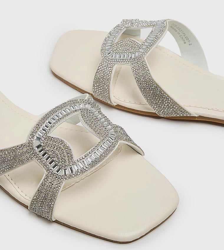 R&B Embellished Flat Sandals - Ivory