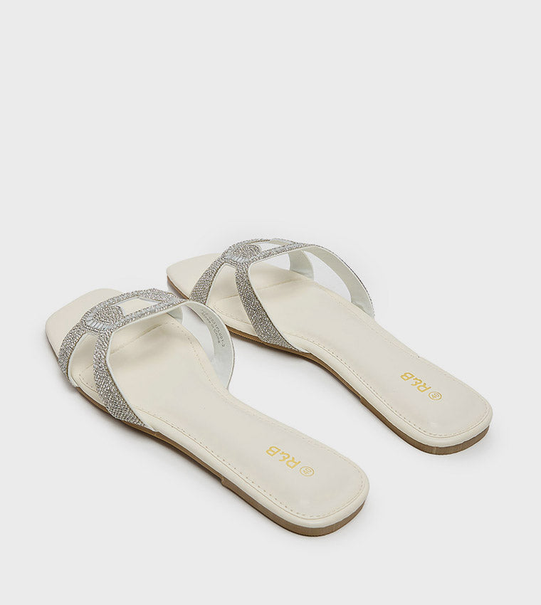 R&B Embellished Flat Sandals - Ivory