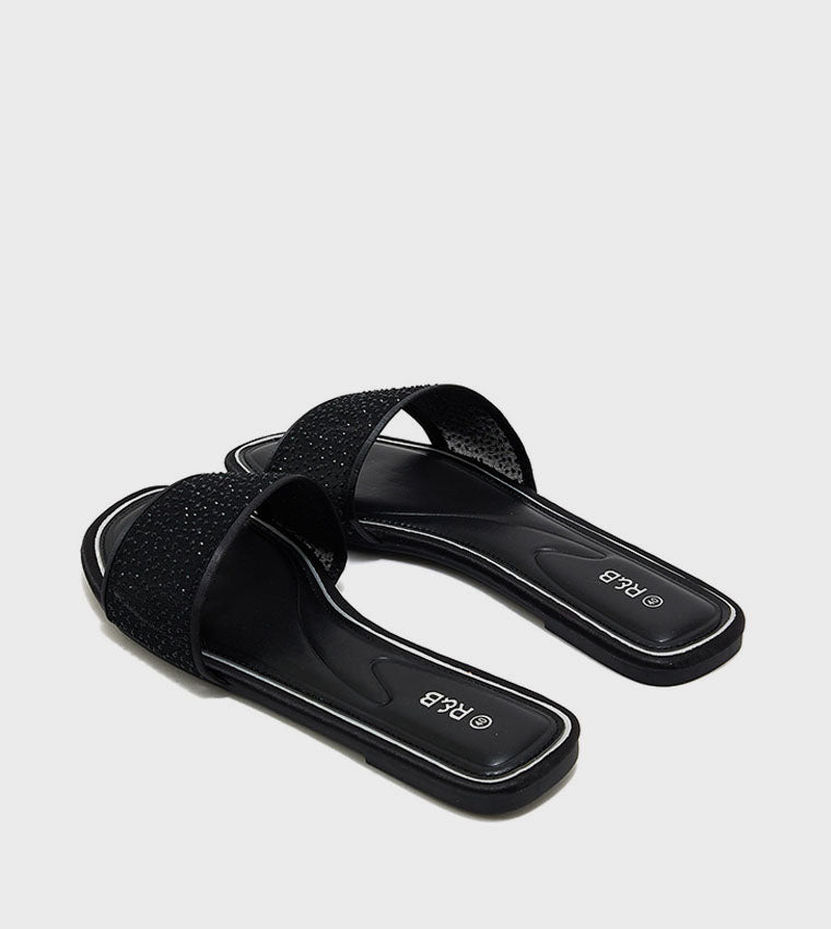 R&B Embellished Flat Sandals - Black