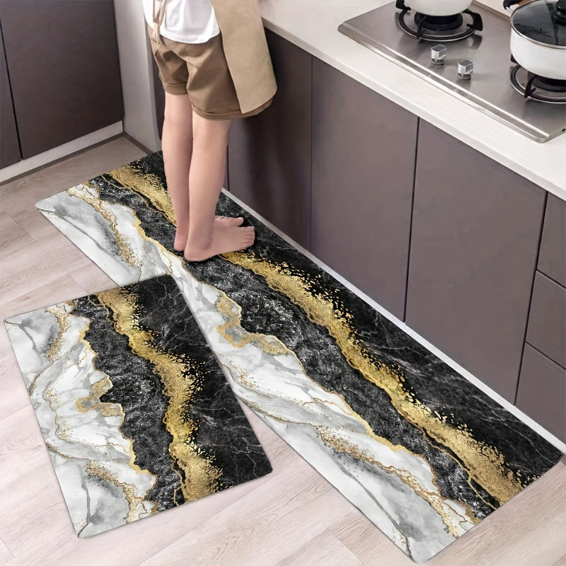 1pc Marble Print Kitchen Rug, Modern Polyester Anti-slip Kitchen Mat For Kitchen
