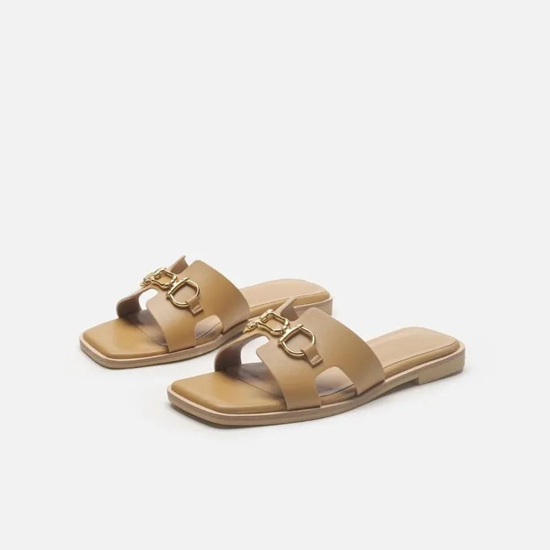 Outdoor women casual flip flop belt buckle casual- light brown