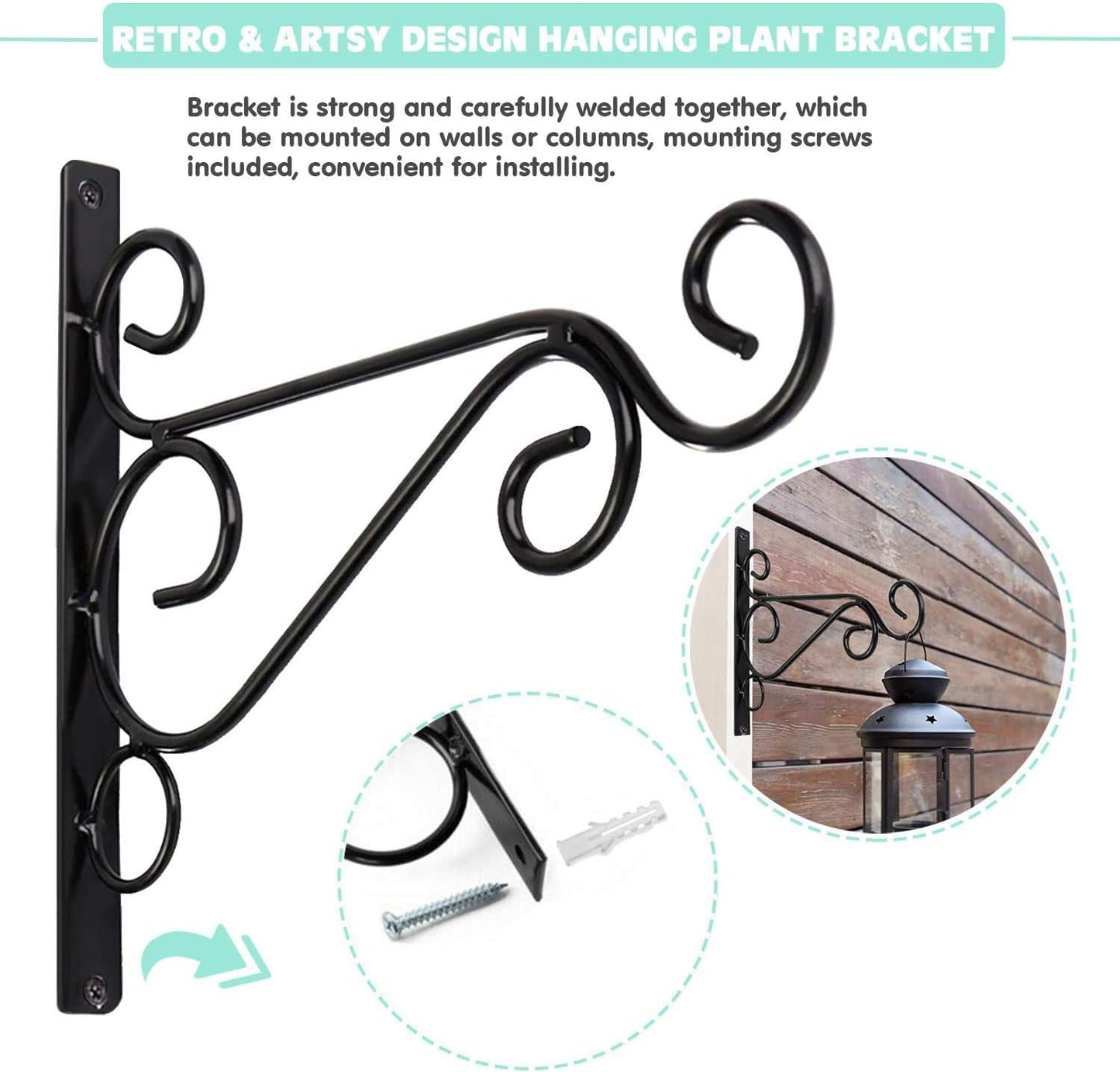 KSS 2Pcs Iron Plant Hanger Wall Hooks,Hanging Basket Brackets Wrought Iron Bracket for Lantern Planter Flower Hanger Fence (Black)