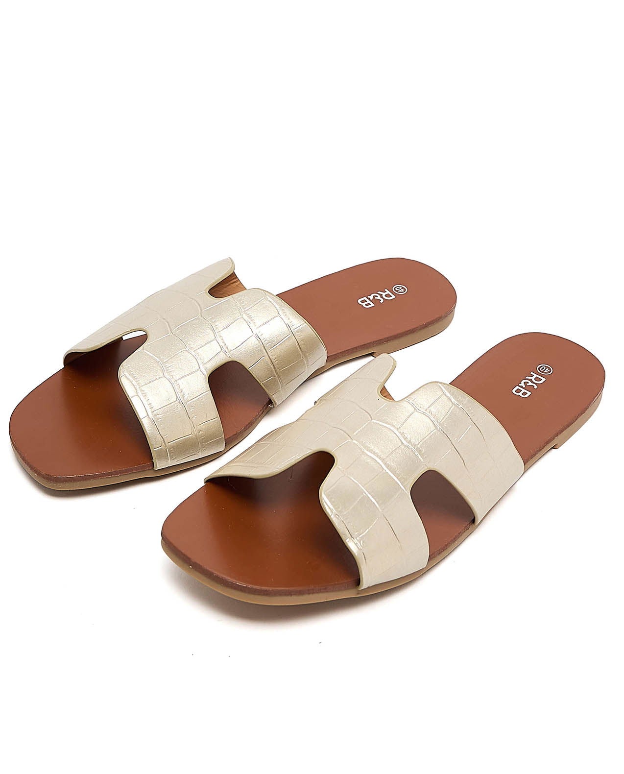 R&B Croc Textured Flat Sandals - Gold