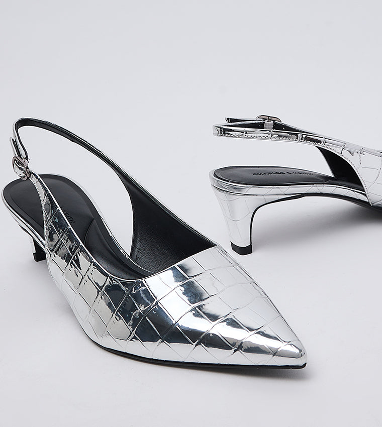 Charles & Keith Croc Textured Pointed Toe Kitten Heel Slingback Pumps