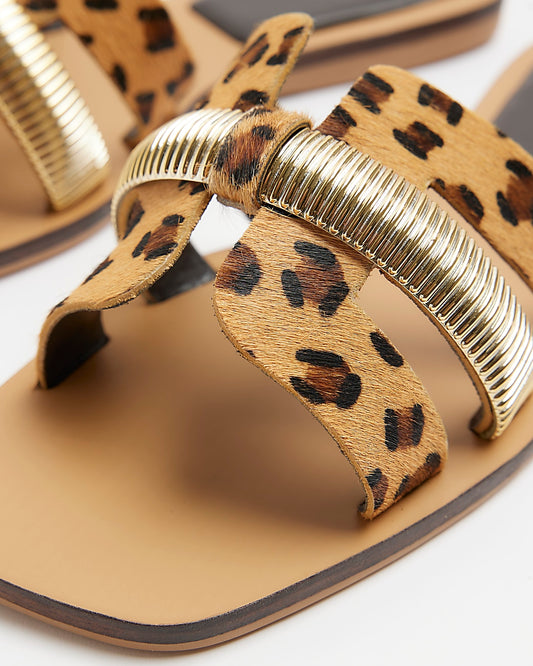 RIVER ISLAND BEIGE LEATHER LEOPARD PRINT FLAT SANDALS