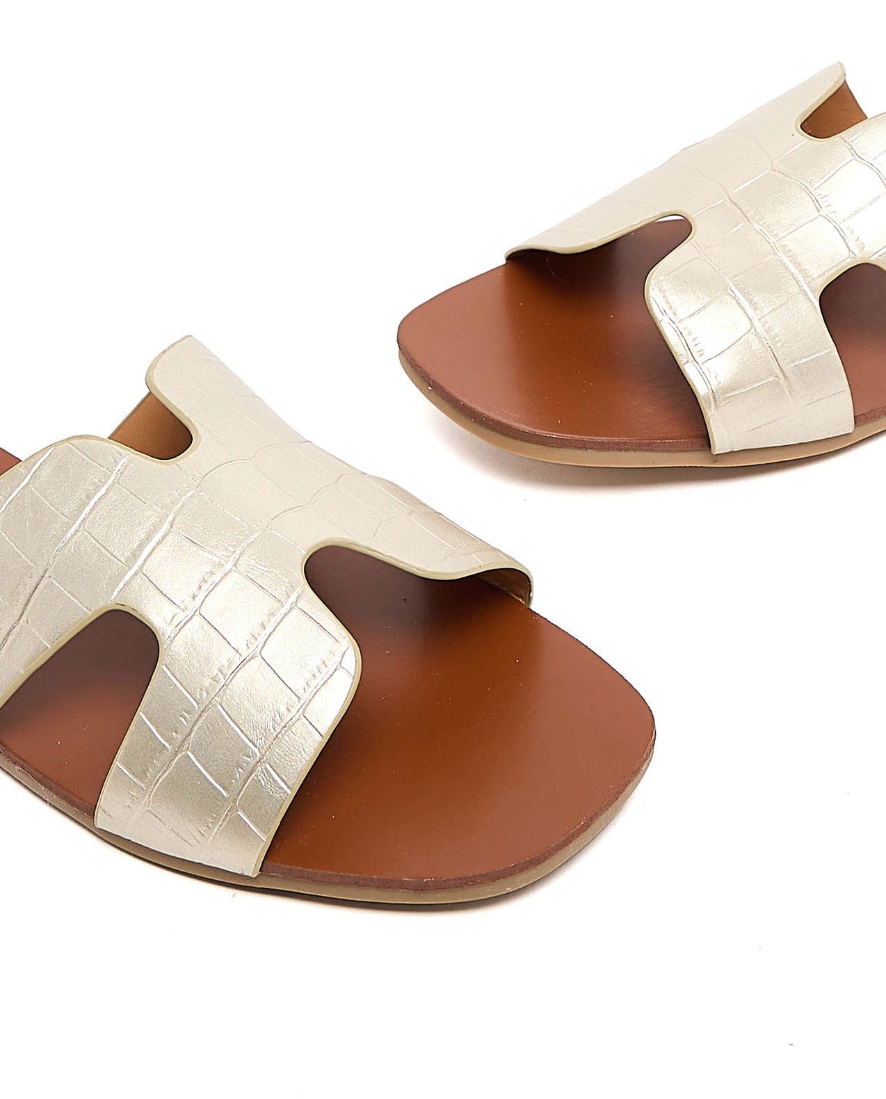 R&B Croc Textured Flat Sandals - Gold