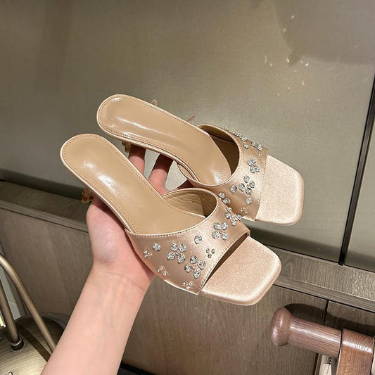 Cat heel satin outdoor temperament petal rhinestone-Champagne