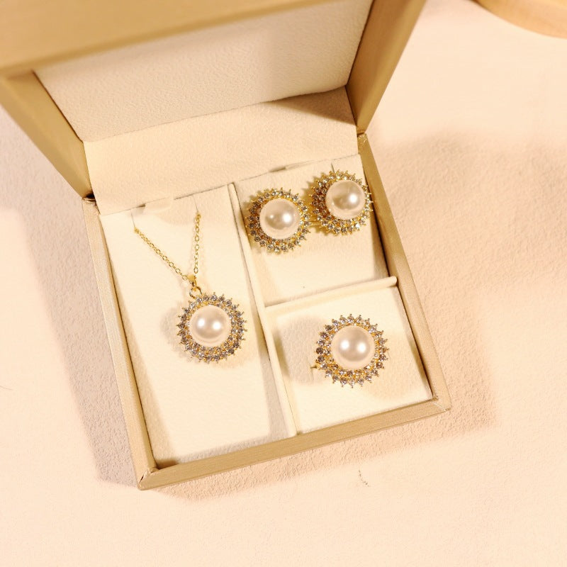 Classic sunflower pearl inlaid 3piece necklace set-gold color SJP