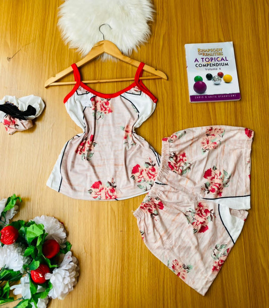 Underwear Hub 3 in 1 top, short & bonnet ( white mixed with red color flowers)