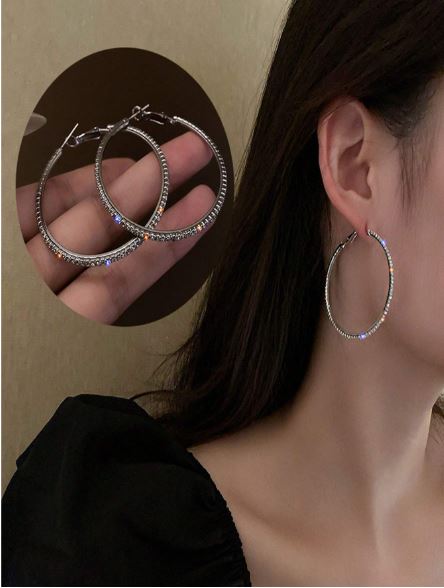 Shinny Big Rhinestone Hoop Earring- Silver SJP