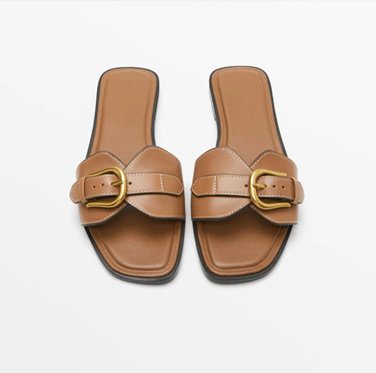 Outdoor soft sole retro horsebit buckle half slippers
