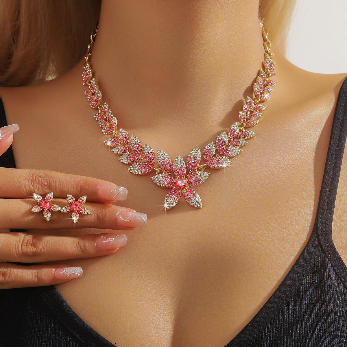 Peach Blossom Claw Chain Leaf Jewelry Set SJP